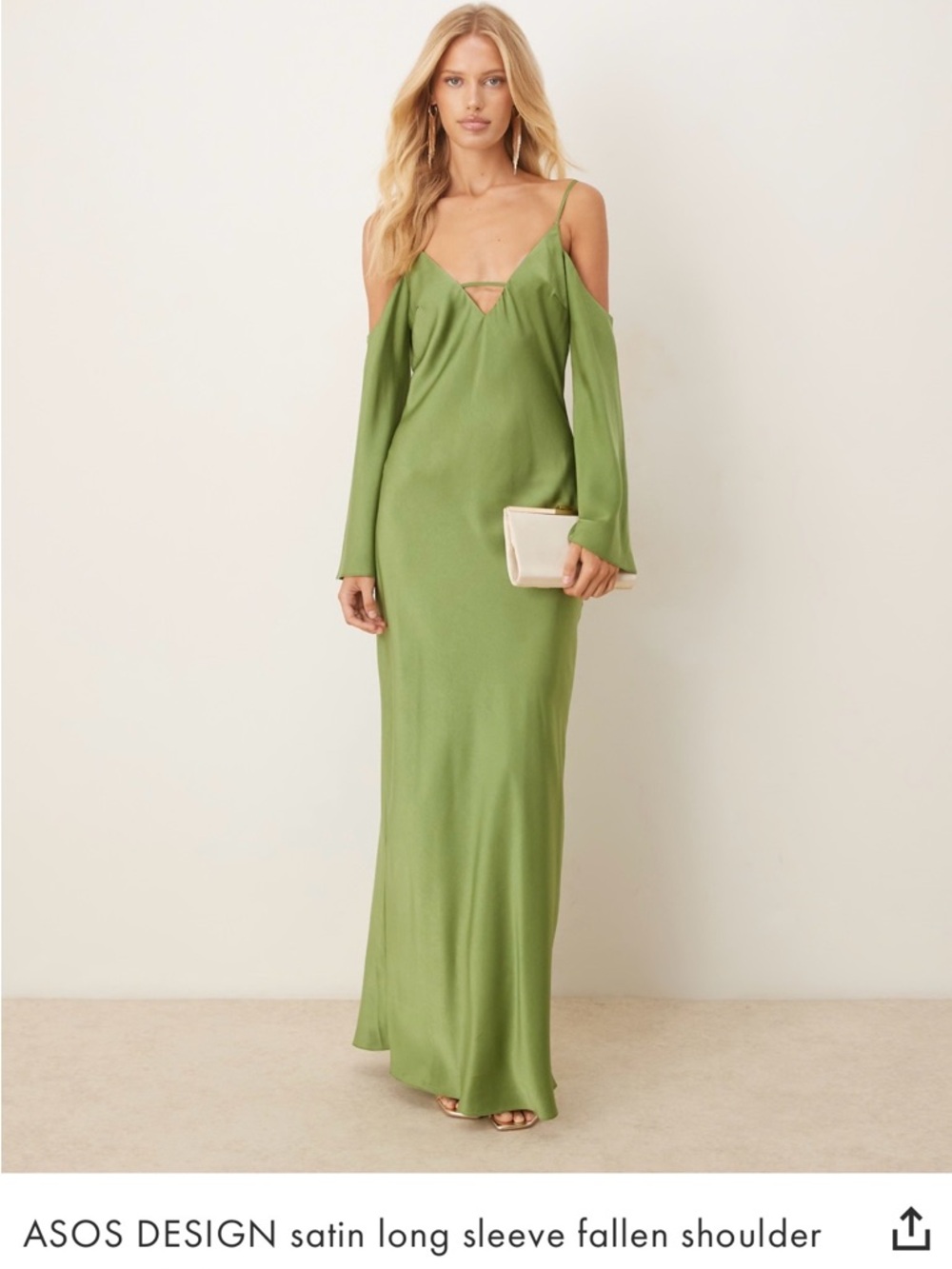 Olive Green Satin Cold-Shoulder Maxi Dress